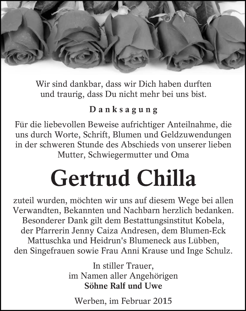  Traueranzeige für Gertrud Chilla vom 28.02.2015 aus lausitzer_rundschau
