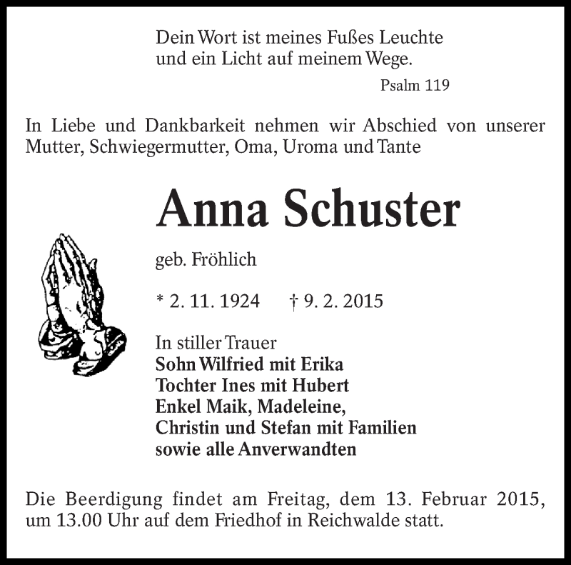  Traueranzeige für Anna Schuster vom 12.02.2015 aus lausitzer_rundschau