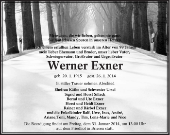 Traueranzeige von Werner Exner von lausitzer_rundschau
