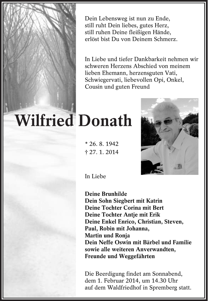  Traueranzeige für Wilfried Donath vom 30.01.2014 aus lausitzer_rundschau