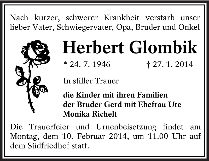  Traueranzeige für Herbert Glombik vom 01.02.2014 aus lausitzer_rundschau