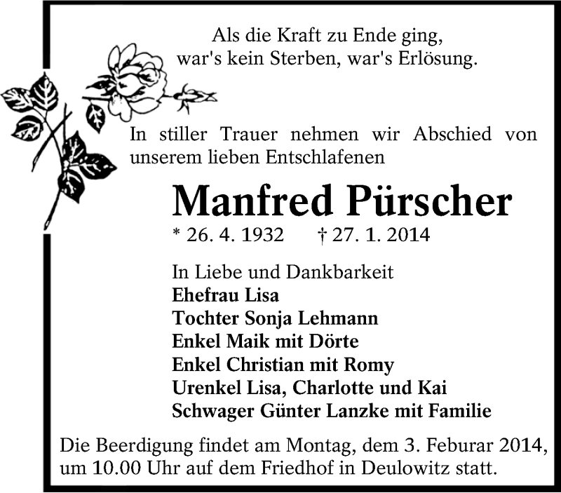  Traueranzeige für Manfred Pürscher vom 30.01.2014 aus lausitzer_rundschau