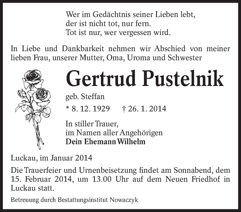  Traueranzeige für Gertrud Pustelnik vom 01.02.2014 aus lausitzer_rundschau