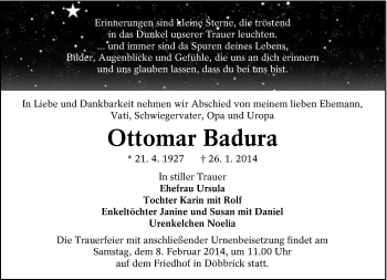 Traueranzeige von Ottomar Badura von lausitzer_rundschau