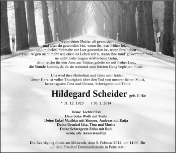 Traueranzeige von Hildegard Scheider von lausitzer_rundschau