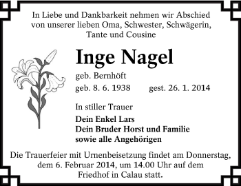 Traueranzeige von Inge Nagel von lausitzer_rundschau