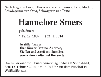 Traueranzeige von Hannelore Smers von lausitzer_rundschau