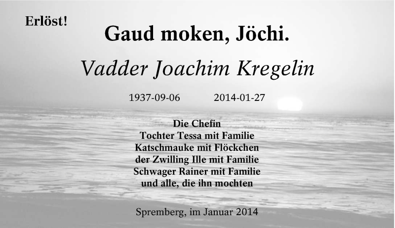  Traueranzeige für Joachim Kregelin vom 04.02.2014 aus lausitzer_rundschau