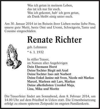 Traueranzeige von Renate Richter von lausitzer_rundschau