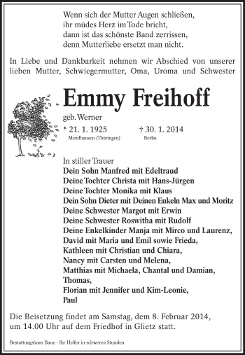 Traueranzeige von Emmy Freihoff von lausitzer_rundschau
