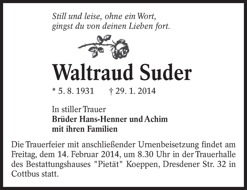  Traueranzeige für Waltraud Suder vom 07.02.2014 aus lausitzer_rundschau