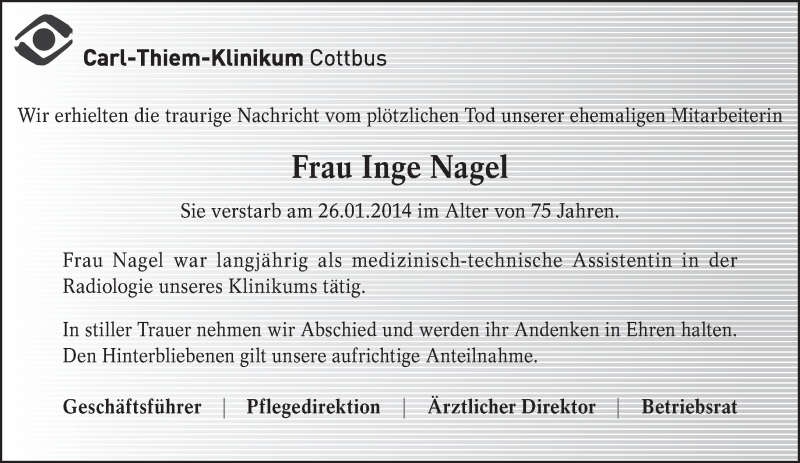  Traueranzeige für Inge Nagel vom 06.02.2014 aus lausitzer_rundschau