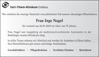 Traueranzeige von Inge Nagel von lausitzer_rundschau