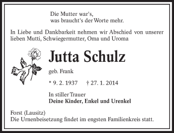 Traueranzeige von Jutta Schulz von lausitzer_rundschau