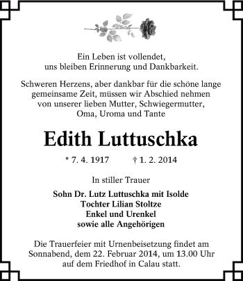 Traueranzeige von Edith Luttuschka von lausitzer_rundschau