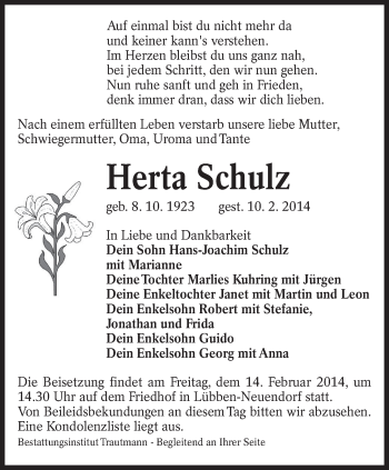 Traueranzeige von Herta Schulz von lausitzer_rundschau