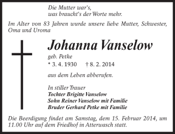 Traueranzeige von Johanna Vanselow von lausitzer_rundschau