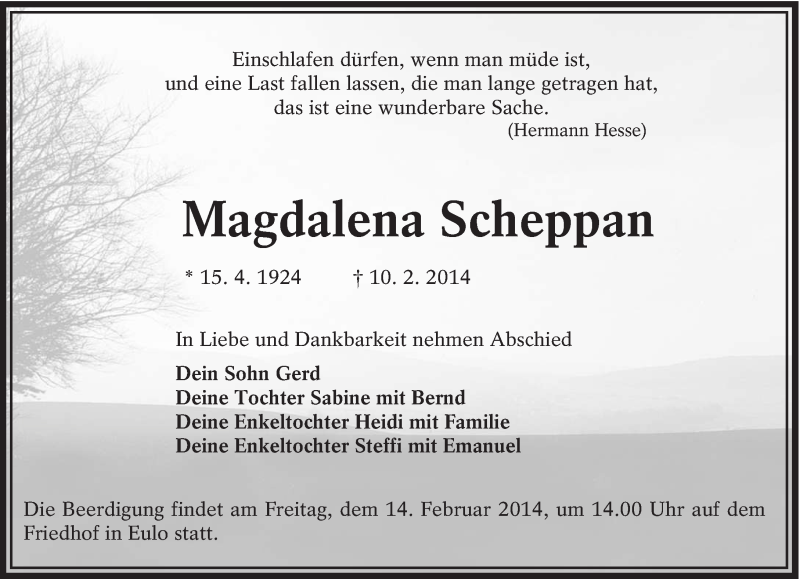  Traueranzeige für Magdalena Scheppan vom 12.02.2014 aus lausitzer_rundschau