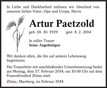 Traueranzeige von Artur Paetzold von lausitzer_rundschau