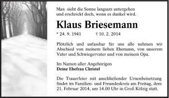 Traueranzeige von Klaus Briesemann von lausitzer_rundschau
