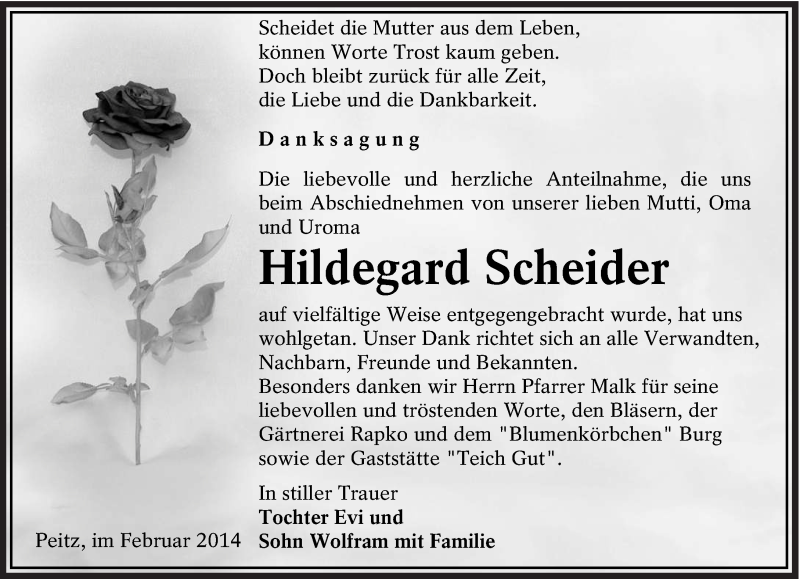  Traueranzeige für Hildegard Scheider vom 15.02.2014 aus lausitzer_rundschau
