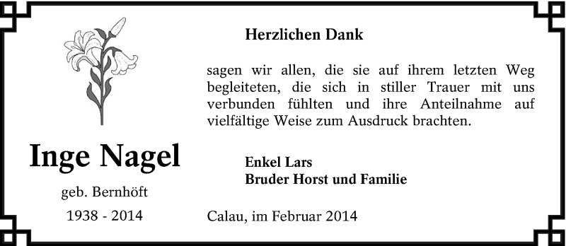  Traueranzeige für Inge Nagel vom 15.02.2014 aus lausitzer_rundschau