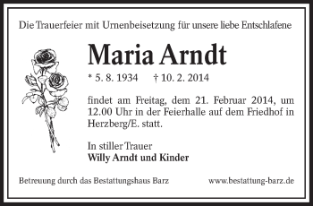 Traueranzeige von Maria Arndt von lausitzer_rundschau