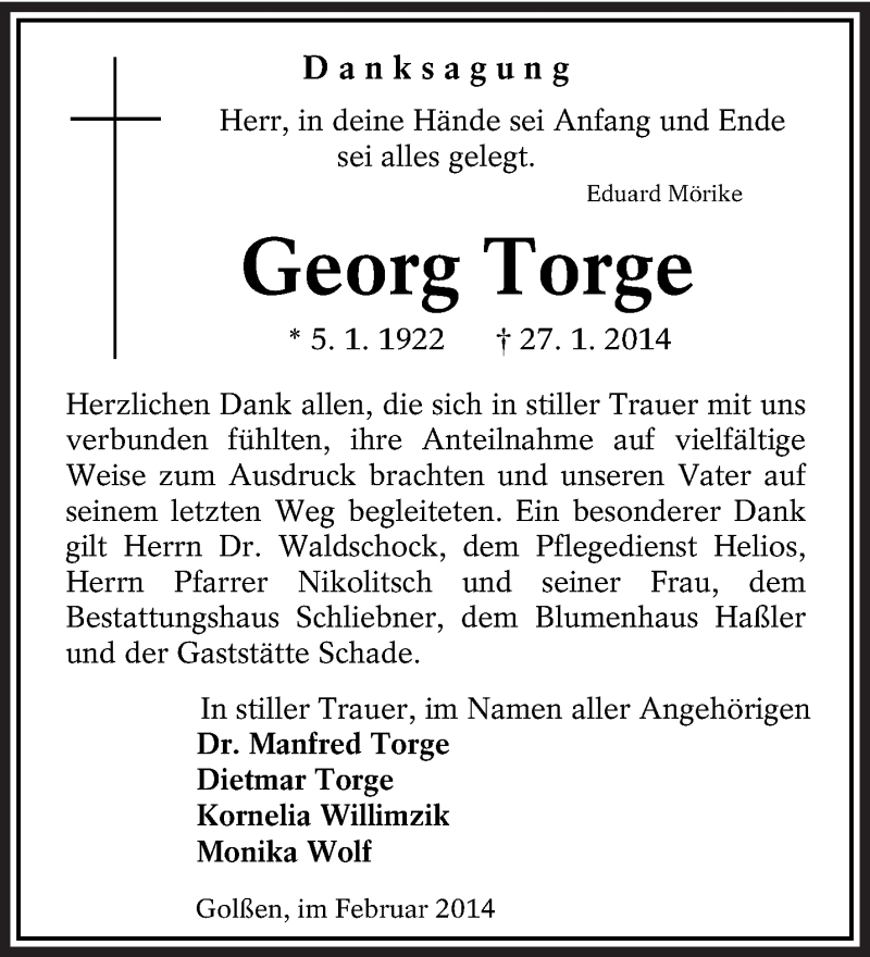  Traueranzeige für Georg Torge vom 15.02.2014 aus lausitzer_rundschau