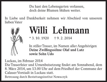 Traueranzeige von Willi Lehmann von lausitzer_rundschau