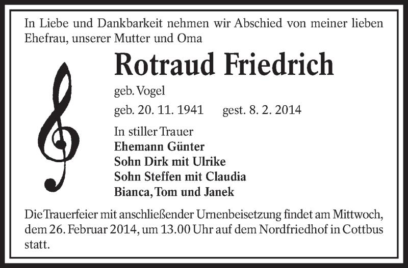  Traueranzeige für Rotraud Friedrich vom 22.02.2014 aus lausitzer_rundschau