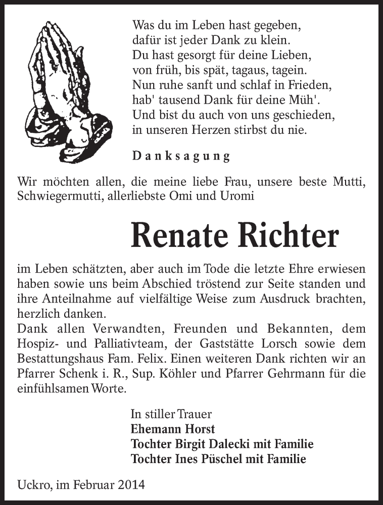  Traueranzeige für Renate Richter vom 22.02.2014 aus lausitzer_rundschau