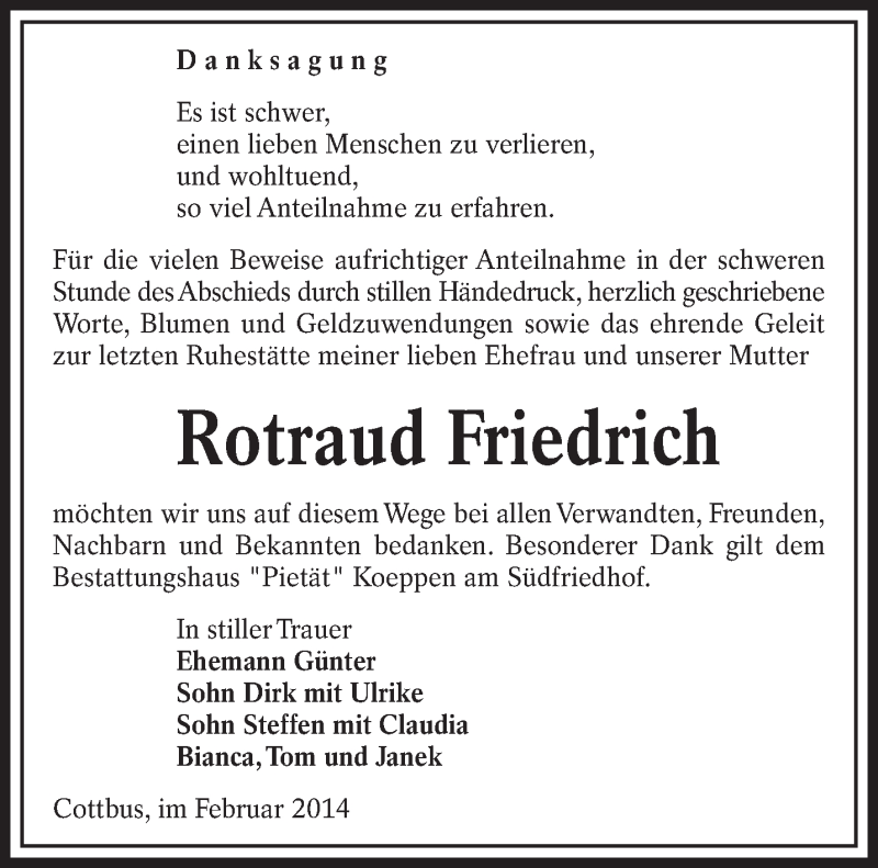  Traueranzeige für Rotraud Friedrich vom 01.03.2014 aus lausitzer_rundschau