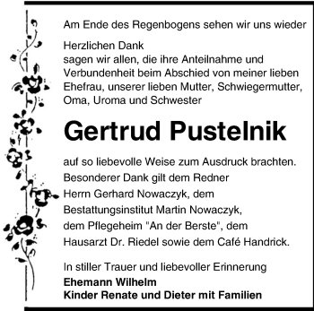 Traueranzeige von Gertrud Pustelnik von lausitzer_rundschau