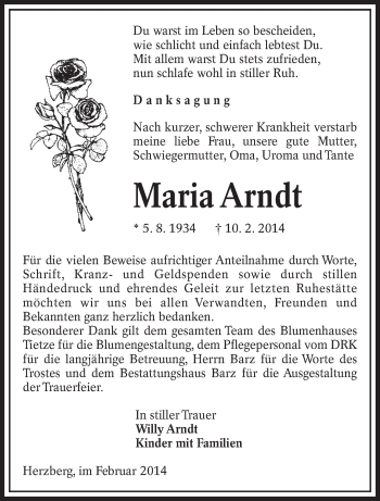 Traueranzeige von Maria Arndt von lausitzer_rundschau