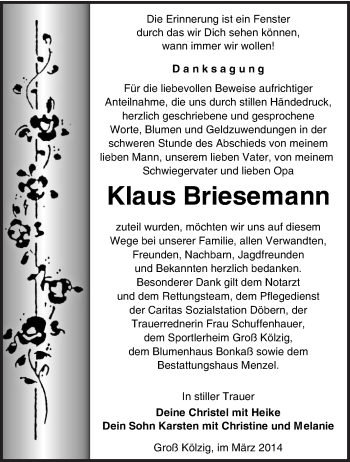 Traueranzeige von Klaus Briesemann von lausitzer_rundschau