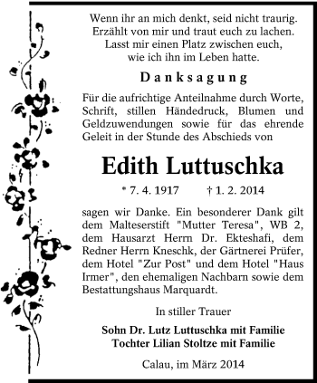 Traueranzeige von Edith Luttuschka von lausitzer_rundschau