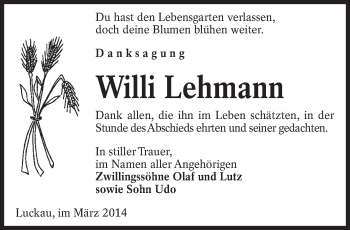 Traueranzeige von Willi Lehmann von lausitzer_rundschau