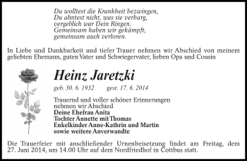Traueranzeige von Heinz Jaretzki von lausitzer_rundschau
