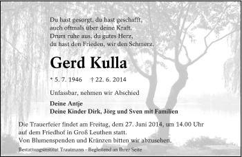 Traueranzeige von Gerd Kulla von lausitzer_rundschau