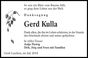 Traueranzeige von Gerd Kulla von lausitzer_rundschau