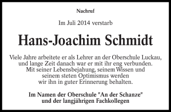 Traueranzeige von Hans-Joachim Schmidt von lausitzer_rundschau