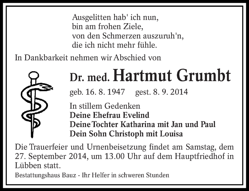 Traueranzeige für Hartmut Grumbt vom 13.09.2014 aus lausitzer_rundschau