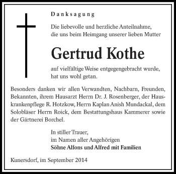 Traueranzeige von Gertrud Kothe von lausitzer_rundschau