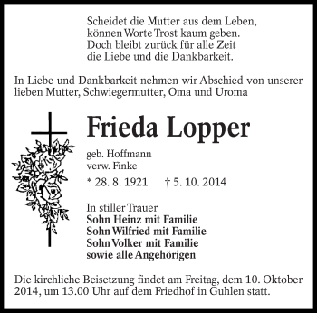 Traueranzeige von Frieda Lopper von lausitzer_rundschau