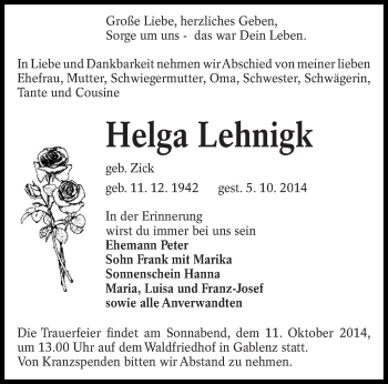 Traueranzeige von Helga Lehnigk von lausitzer_rundschau