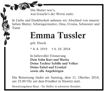 Traueranzeige von Emma Tussler von lausitzer_rundschau