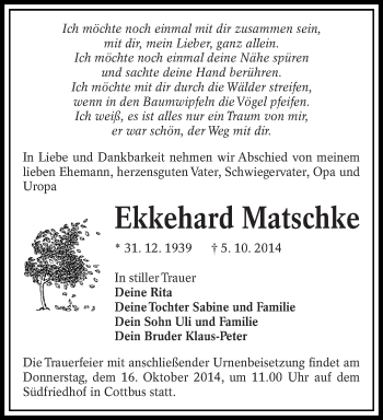 Traueranzeige von Ekkehard Matschke von lausitzer_rundschau