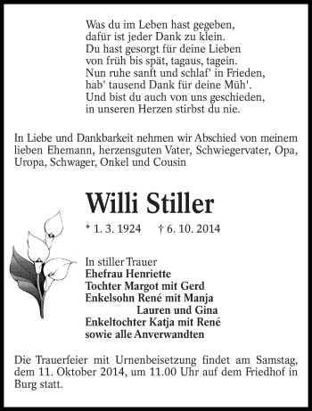 Traueranzeige von Willi Stiller von lausitzer_rundschau