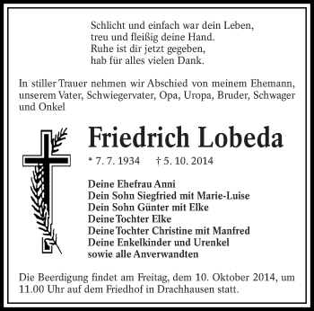 Traueranzeige von Friedrich Lobeda von lausitzer_rundschau