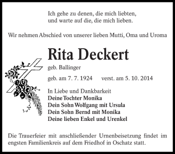 Traueranzeige von Rita Deckert von lausitzer_rundschau